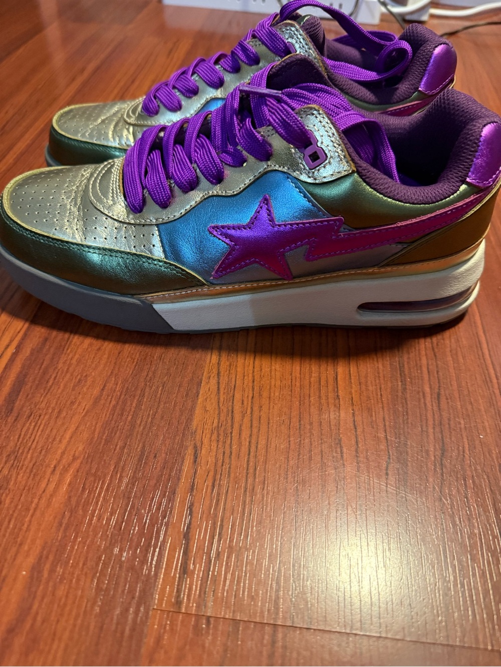 Bape Metallic Iridescent Green Sneakers with Purple Accents